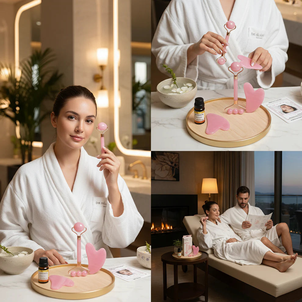 Dr. Melaxin™ Complete 4 Pc Facial Massage Kit | Roller • Gua Sha • Acupoint Map • Essential Oil